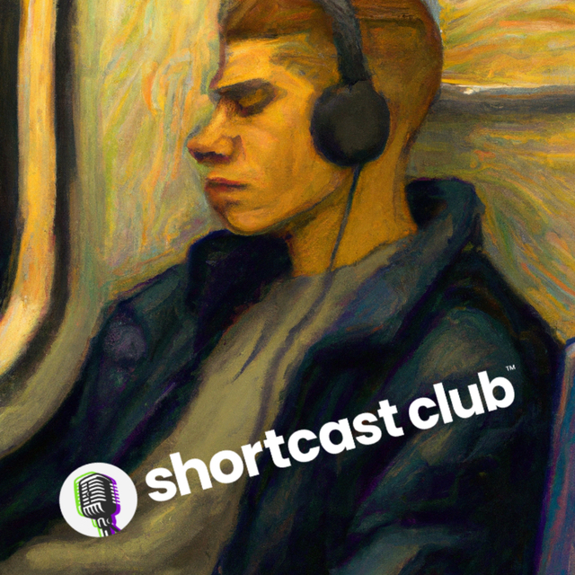 Coverart from the Best of Shorrtcast Club podcast, showing a man listening to headphones with eyes closed while seated on a subway.