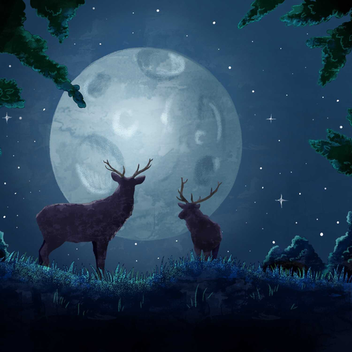 The coverart from the featured podcasts depicts animals, possibly reindeer, illuminated by a large moon at night.